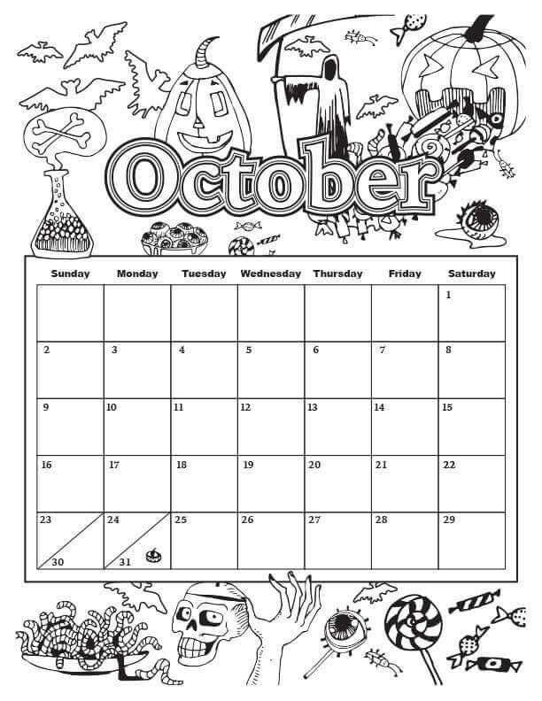 Dibujos de Calendario De Víspera De Todos Los Santos Para Octubre para colorear