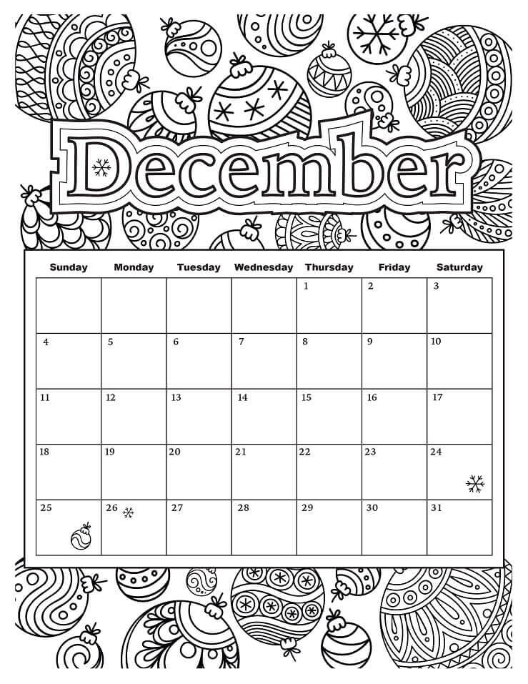 Calendario Diciembre para colorir