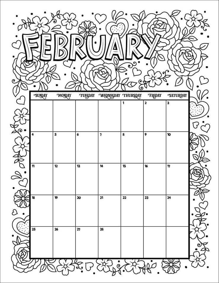Calendario Febrero para colorir