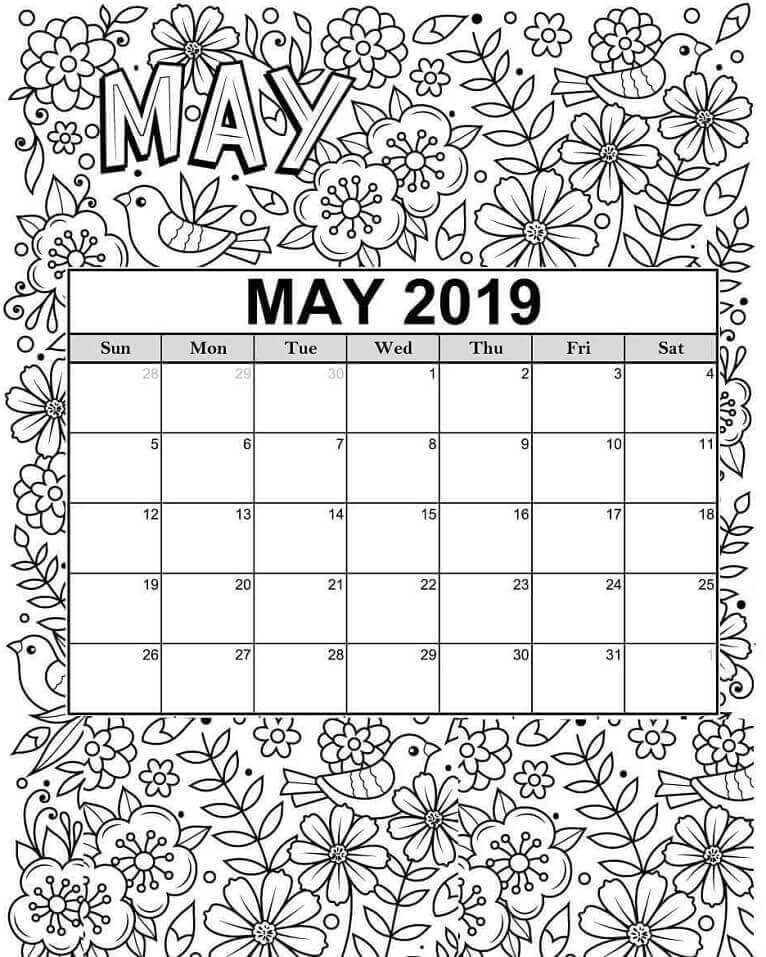 Calendario Mayo 2019 para colorir