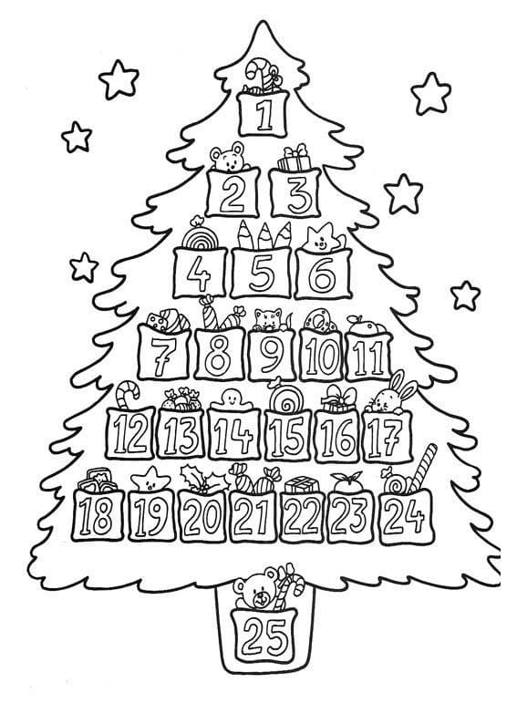 Calendario de Adviento en un Árbol de Navidad para colorir