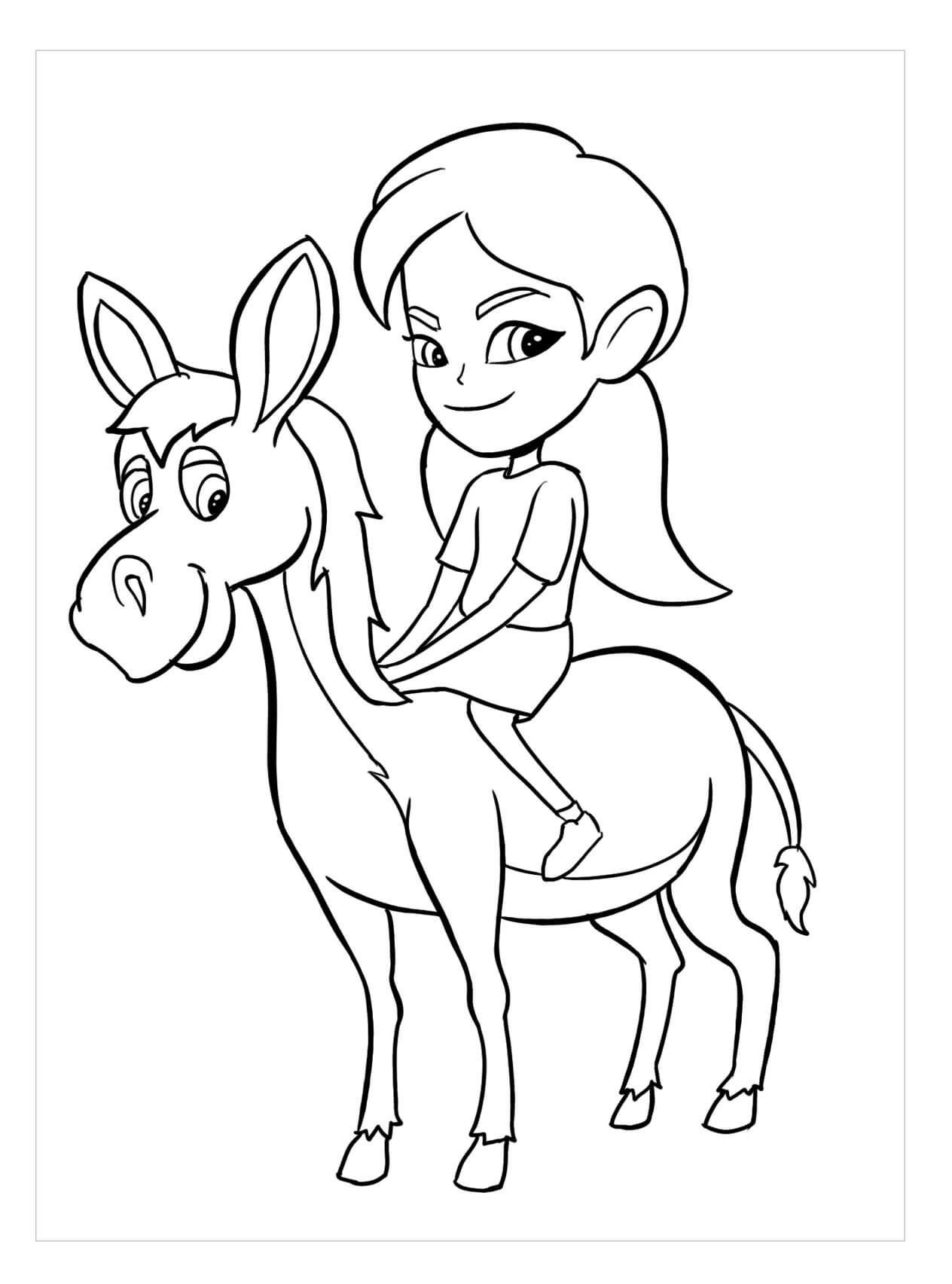 Caricatura niña Equitación Burro para colorir