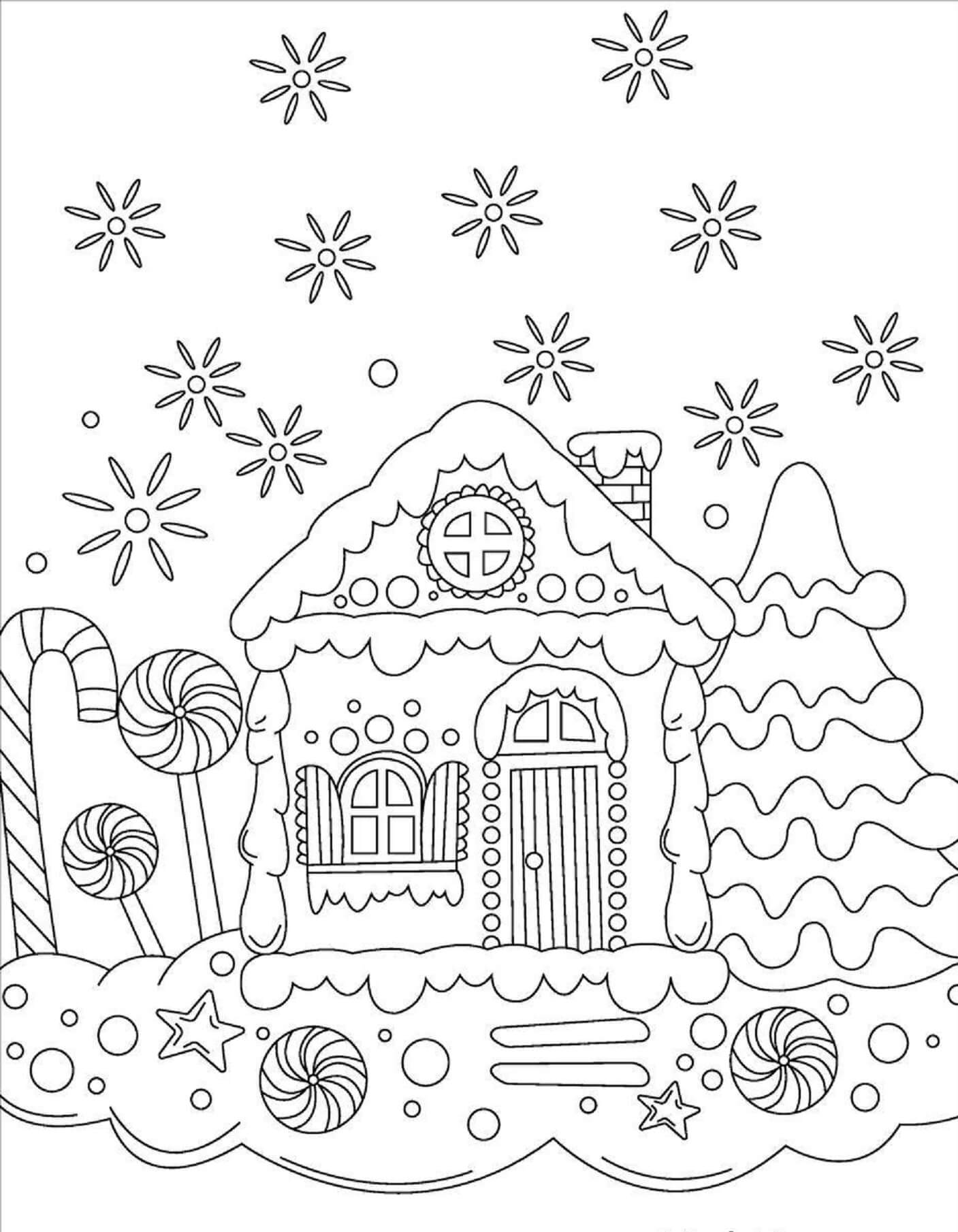 Casa De Pan De Jengibre Con Copos De Nieve para colorir