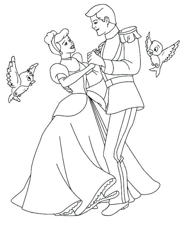 Cenicienta y el Principe Bailando con dos Pajaros para colorir