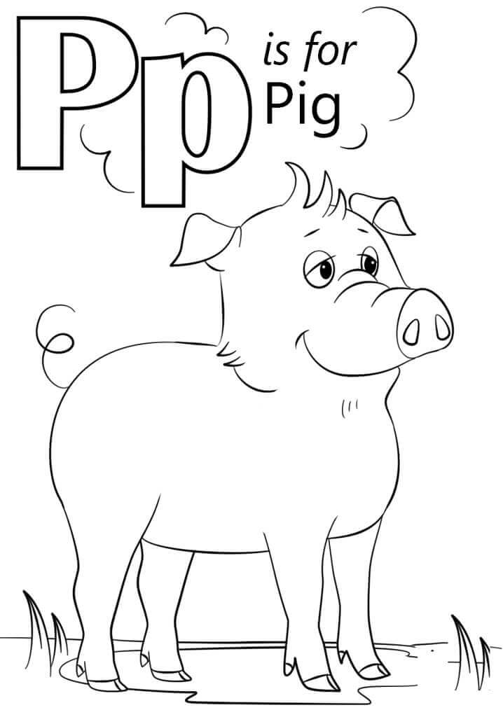 Dibujos de Cerdo, Sonriente, Letra p para colorear