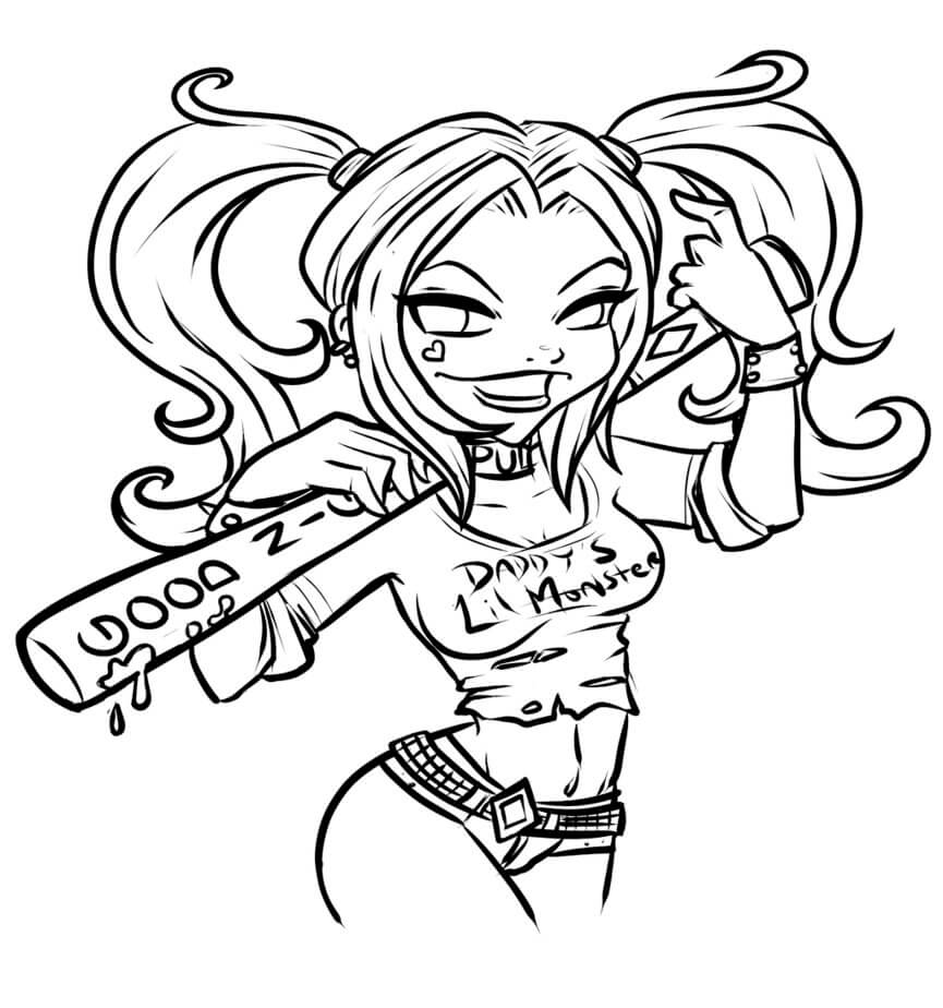 Chibi divertida Harley Quinn con un bate de Béisbol para colorir