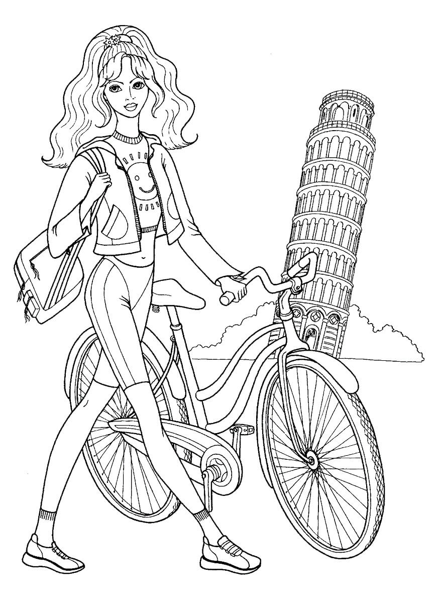 Dibujos de Chica Adolescente Montando Bicicleta en Pisa para colorear