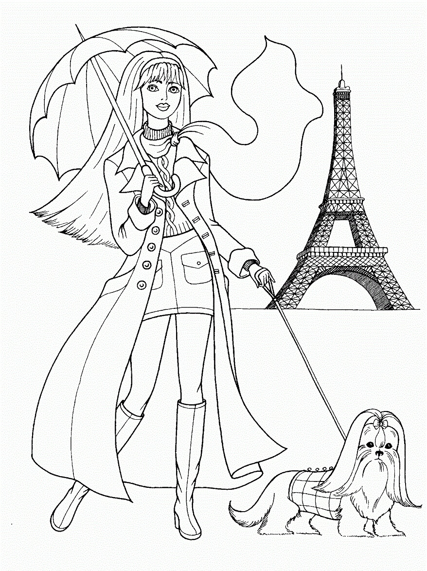 Chica Adolescente con su Perro en París para colorir