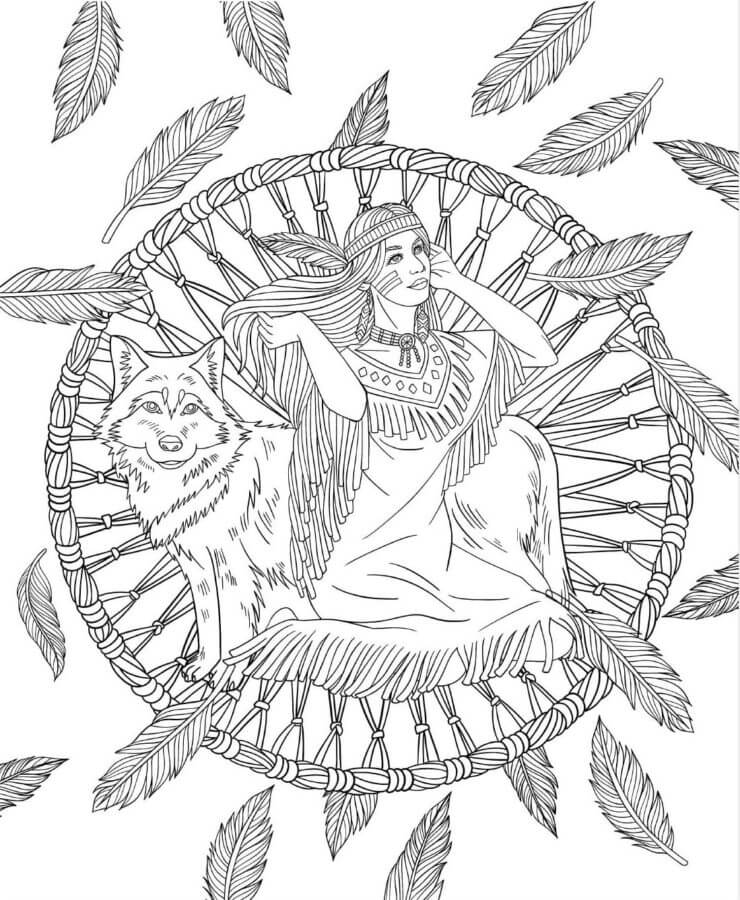 Dibujos de Chica Amuleto Indio Con Un Lobo para colorear