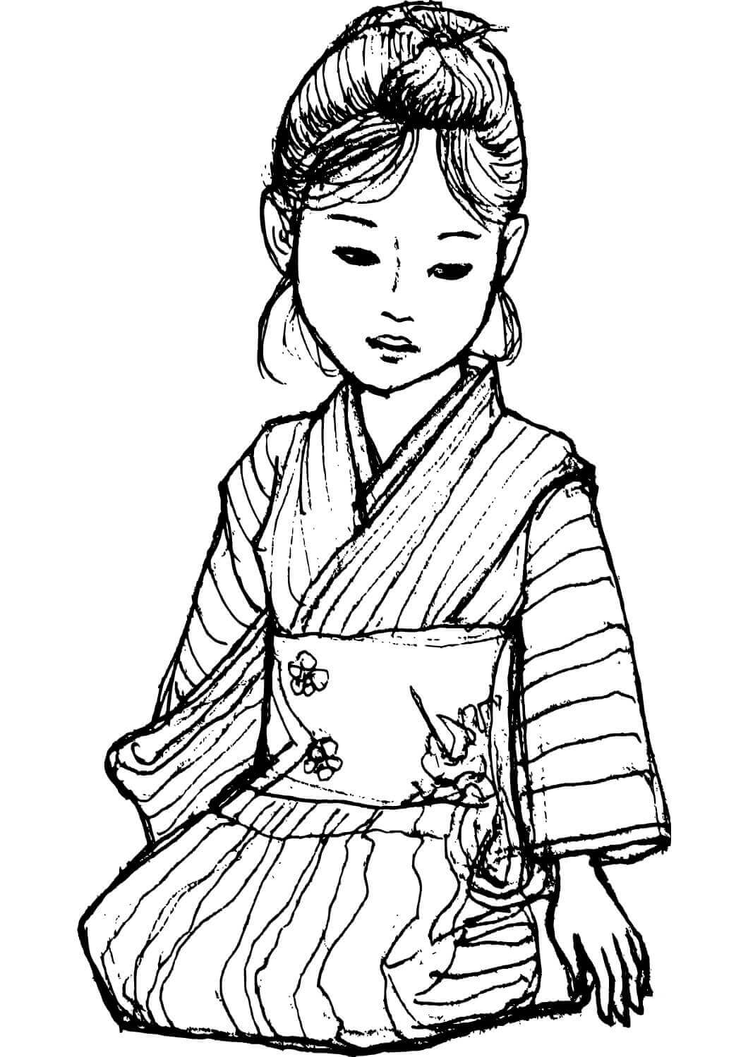 Dibujos de Chica Japonesa en Kimono para colorear