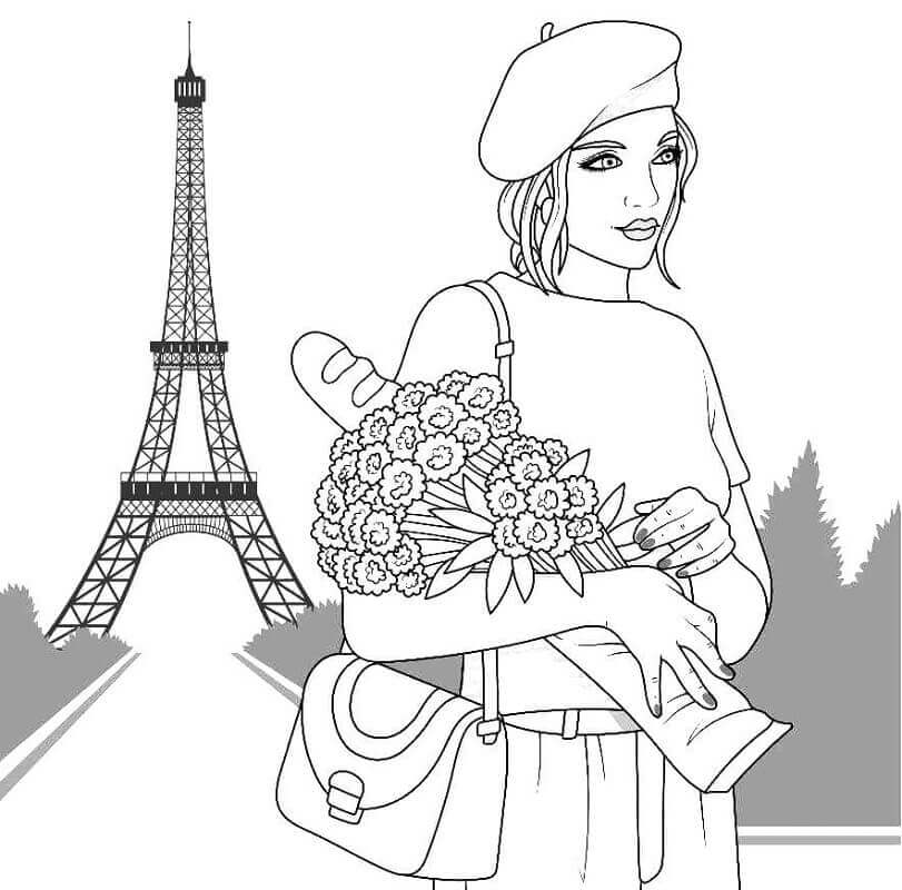 Dibujos de Chica Sosteniendo ramo de Flores con Eiffel para colorear