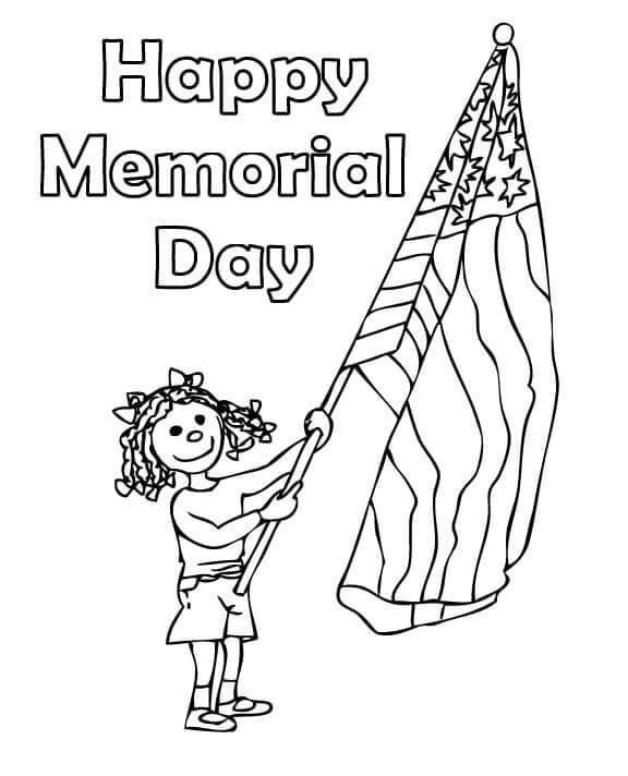 Dibujos de Chica Sujetando La Bandera Americana En El Día De Los Caídos para colorear