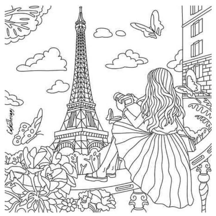 Dibujos de Chica Tomando Fotos de la Torre Eiffel para colorear