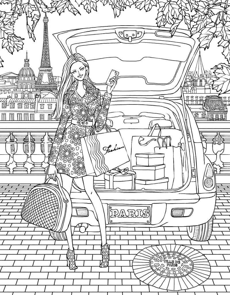 Chica de Compras en la Ciudad de París para colorir