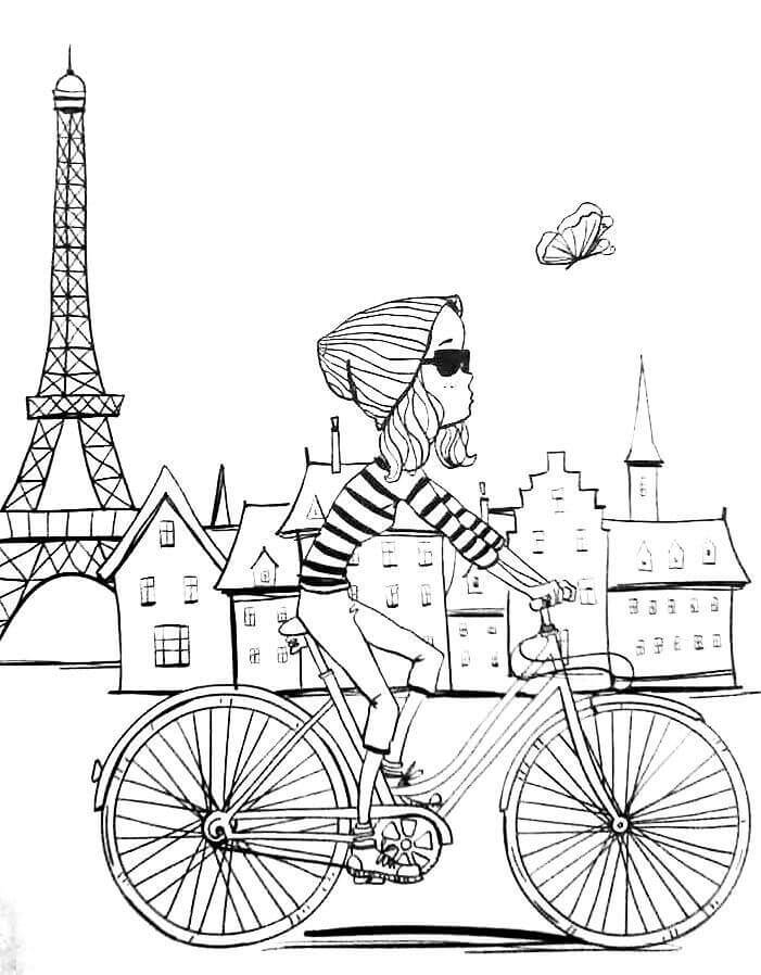 Chica en Bicicleta en la Ciudad de Paris para colorir