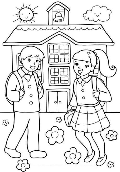 Chica y Chico en la Escuela para colorir