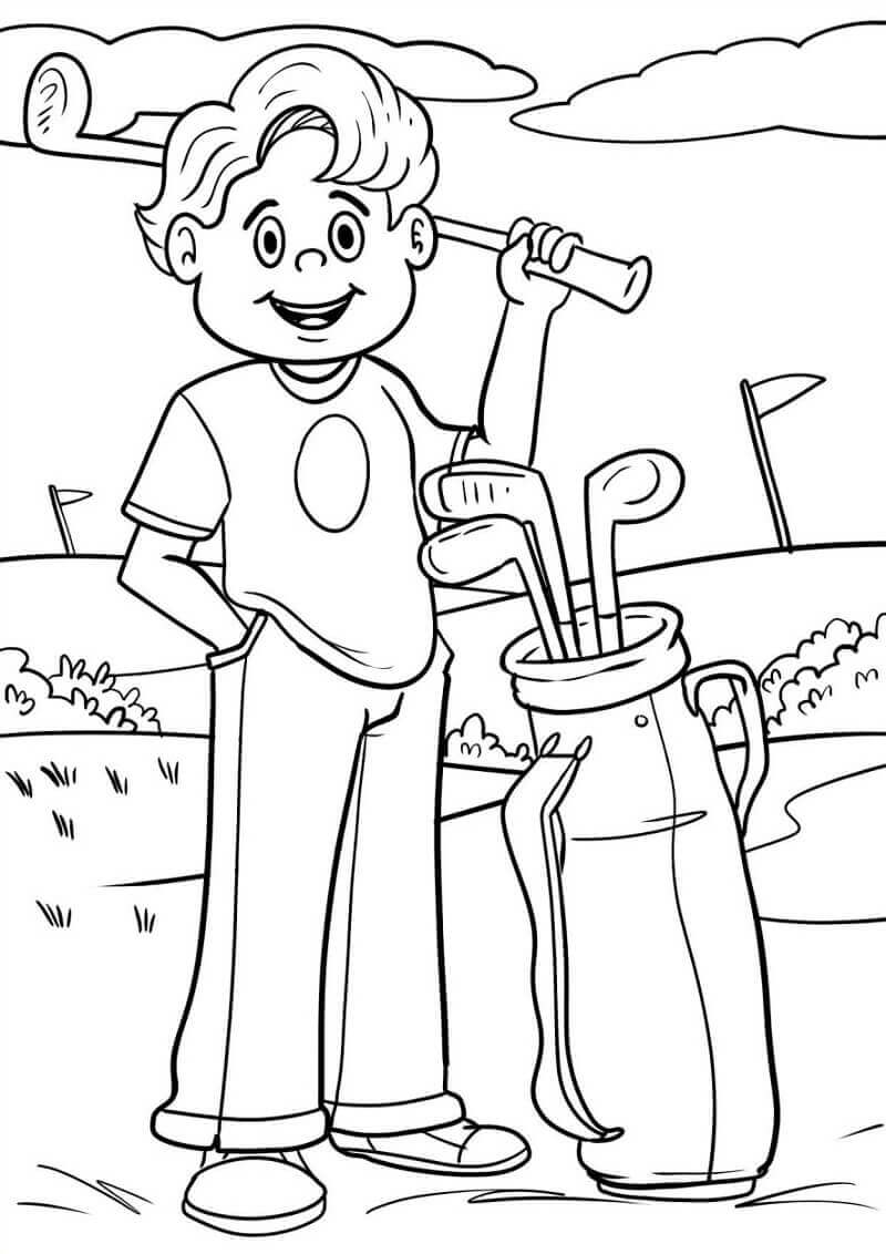 Chico Joven Jugando al Golf para colorir