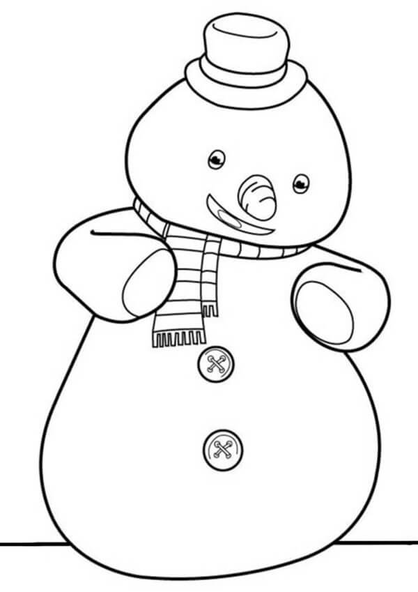 Chilly es un Muñeco De Nieve De Peluche Que Lleva Un Sombrero Negro y Una Bufanda a Rayas Azules para colorir