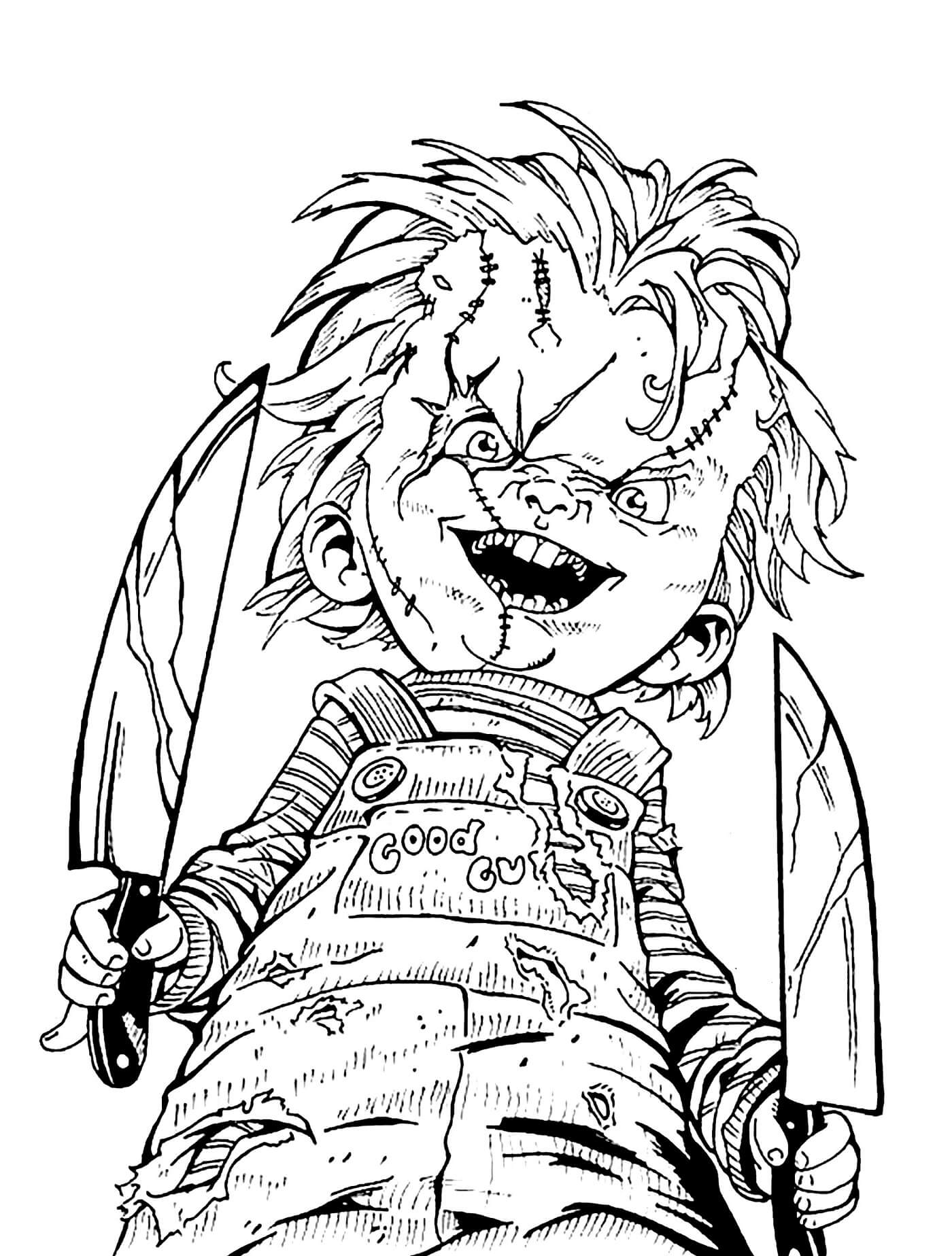 Dibujos de Chucky Feliz Con Cuchillos para colorear