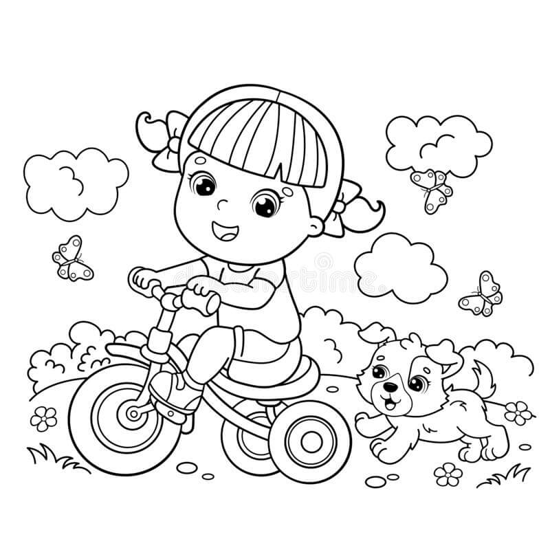 Dibujos de Ciclismo Niña y Perro para colorear