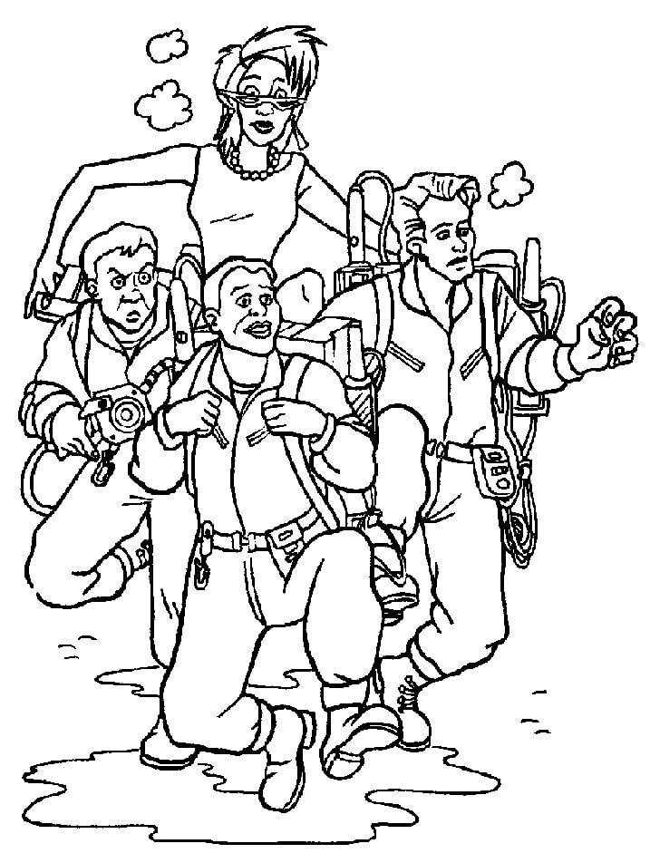 Dibujos de Cinco personajes de Cazafantasmas Corriendo para colorear