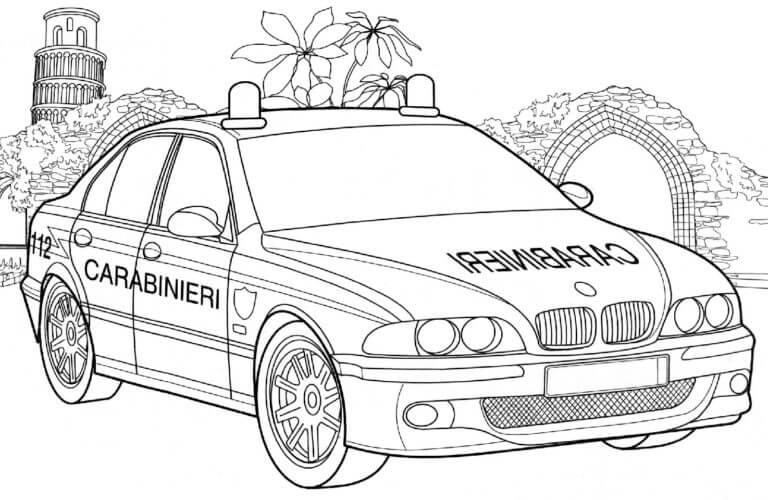 Dibujos de Coche De Policía De BMW En El Fondo De Las Ruinas para colorear