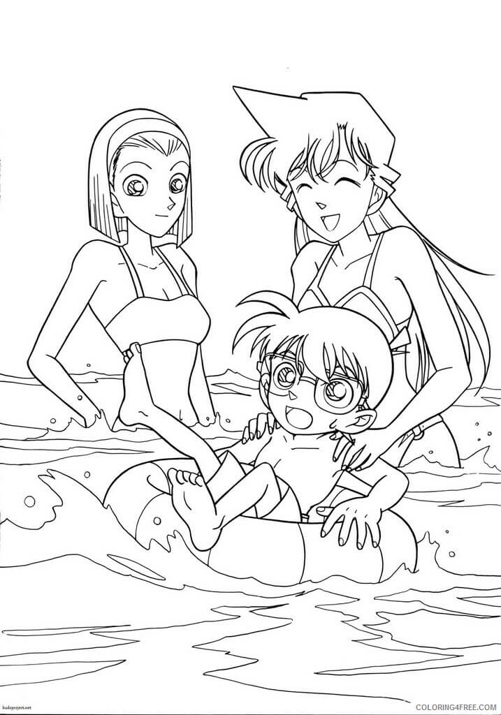 Dibujos de Conan, Ran y Sonoko Nadando para colorear