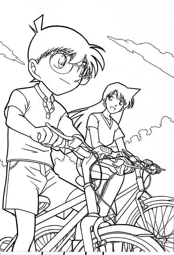 Dibujos de Conan y Ran en Bicicleta para colorear