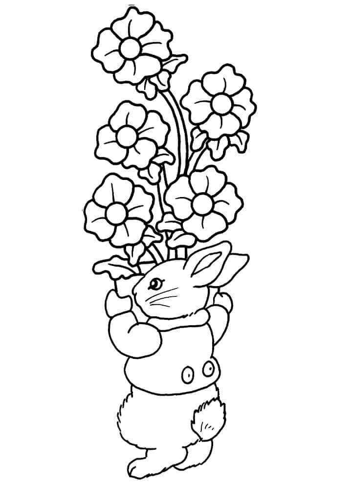 Dibujos de Conejito de Pascua con Flores para colorear