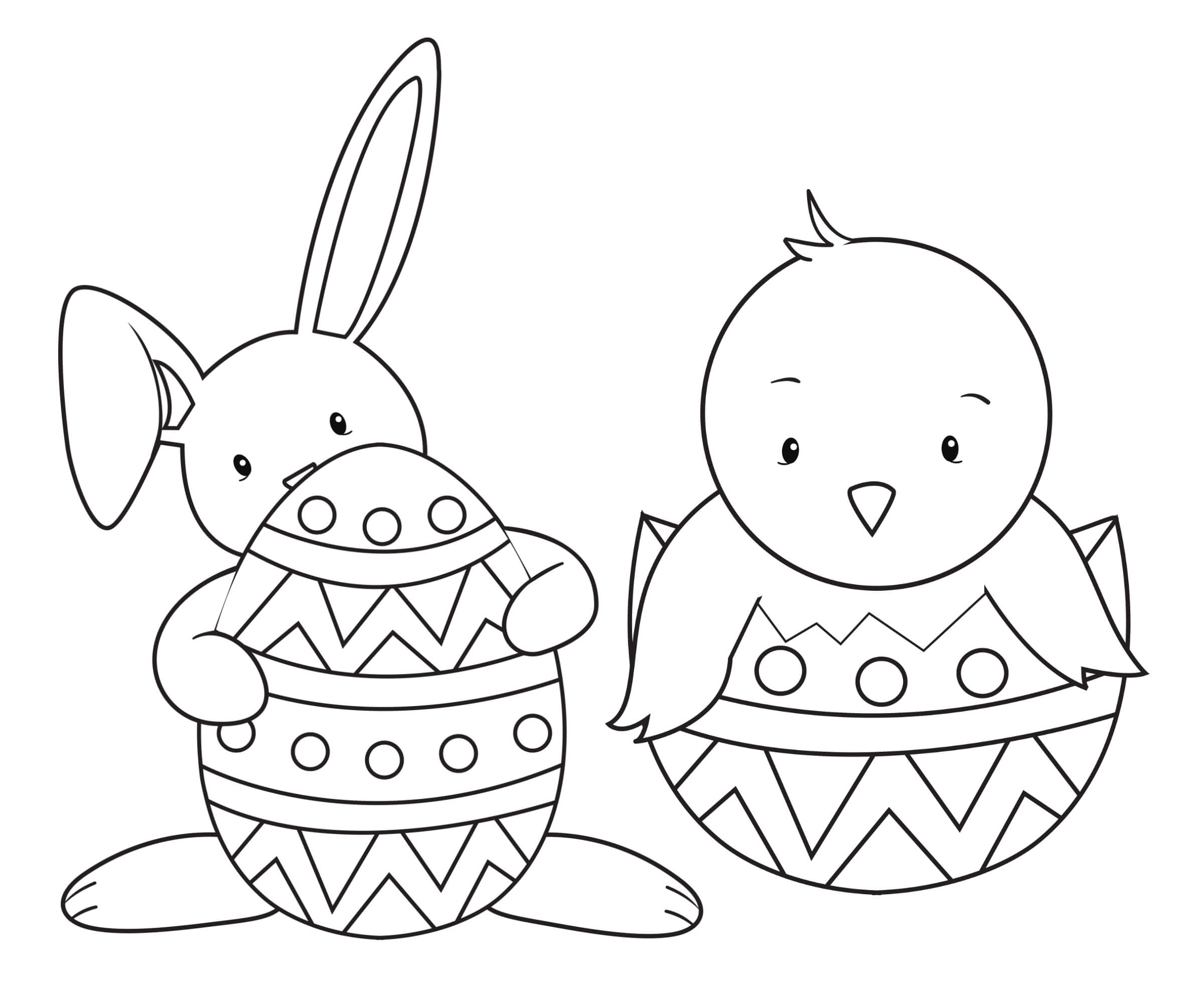 Dibujos de Conejito y Pollito con Huevo de Pascua para colorear
