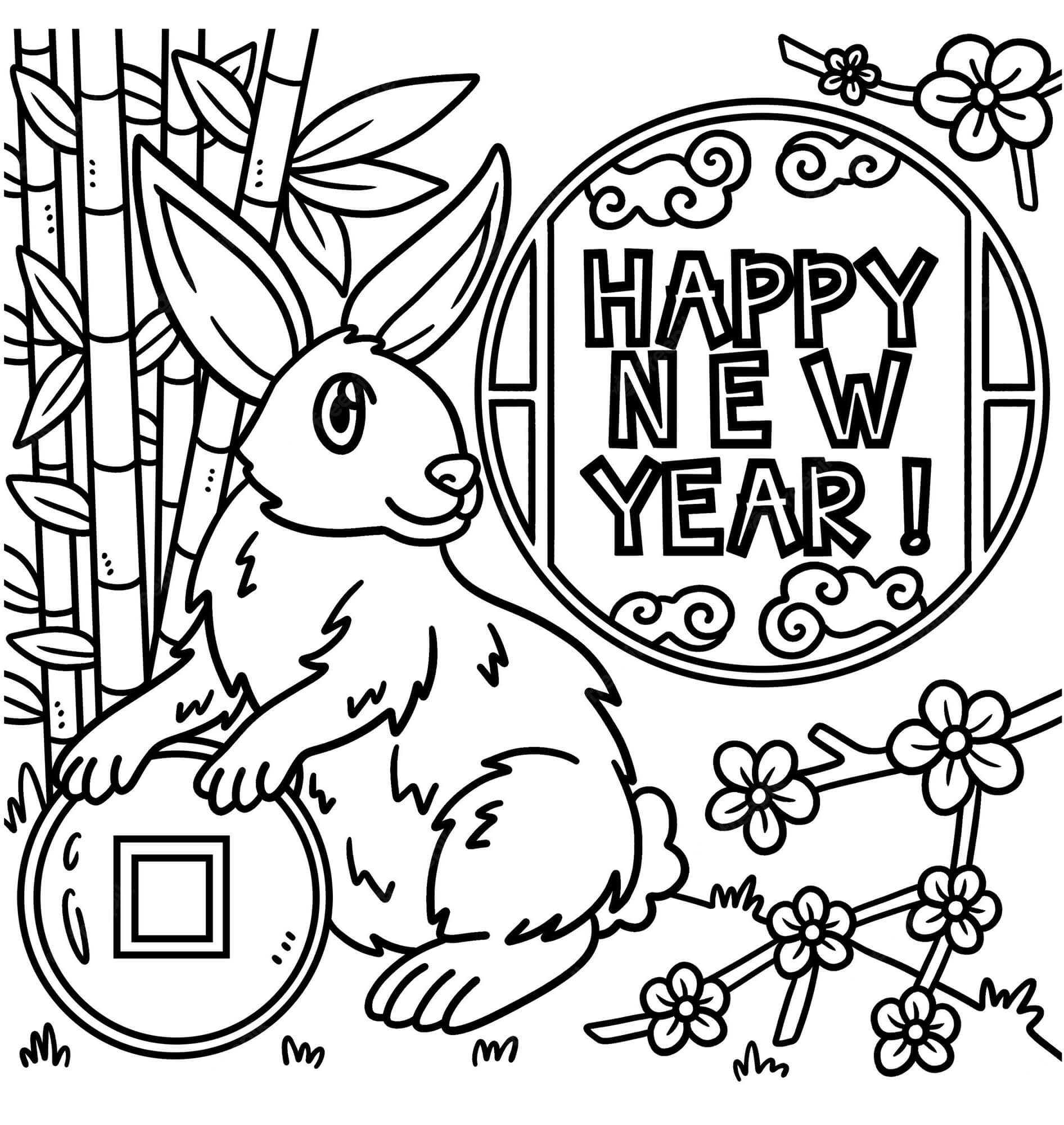 Dibujos de Conejo En Feliz Año Nuevo para colorear