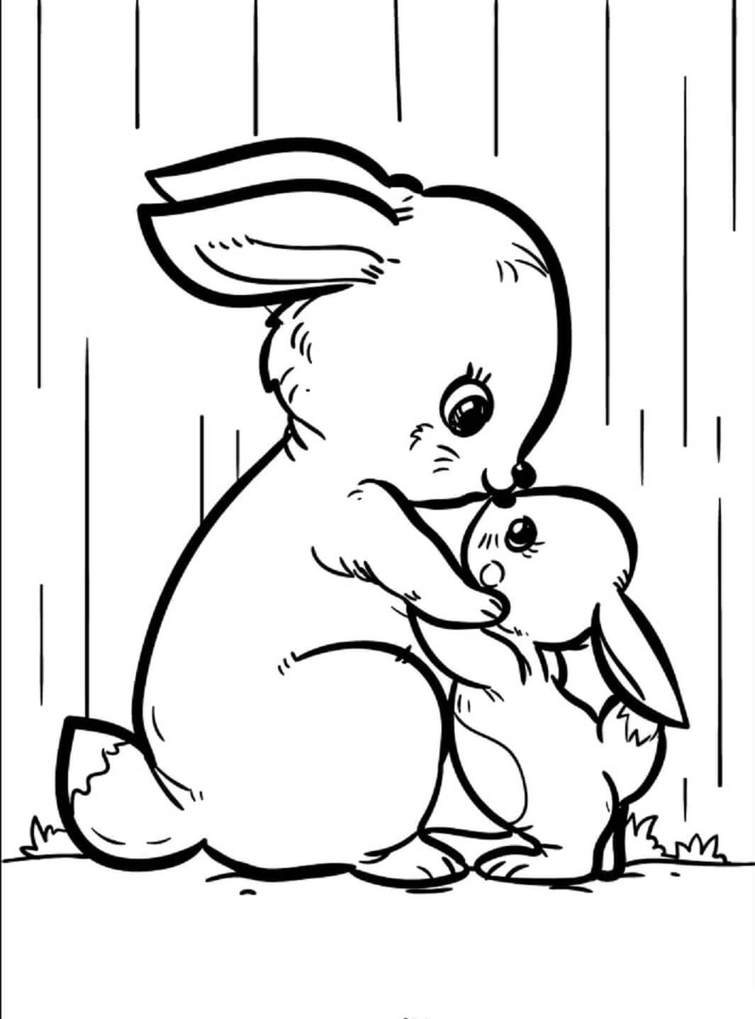 Dibujos de Conejo Madre Abrazando al Conejo Bebé para colorear
