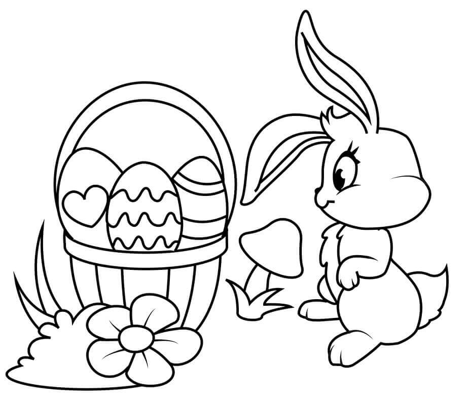 Dibujos de Conejo de Pascua con Cesta de Huevos para colorear