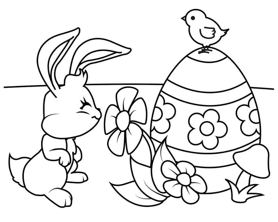 Dibujos de Conejo de Pascua con Flores para colorear