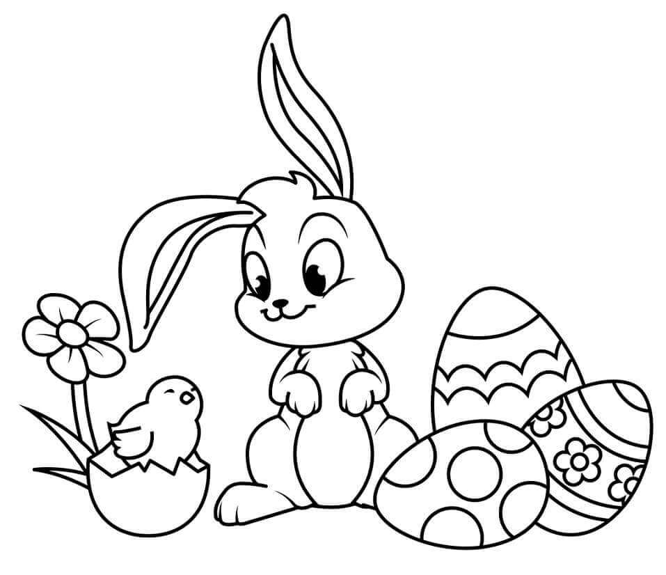 Dibujos de Conejo de Pascua y Pollita para colorear