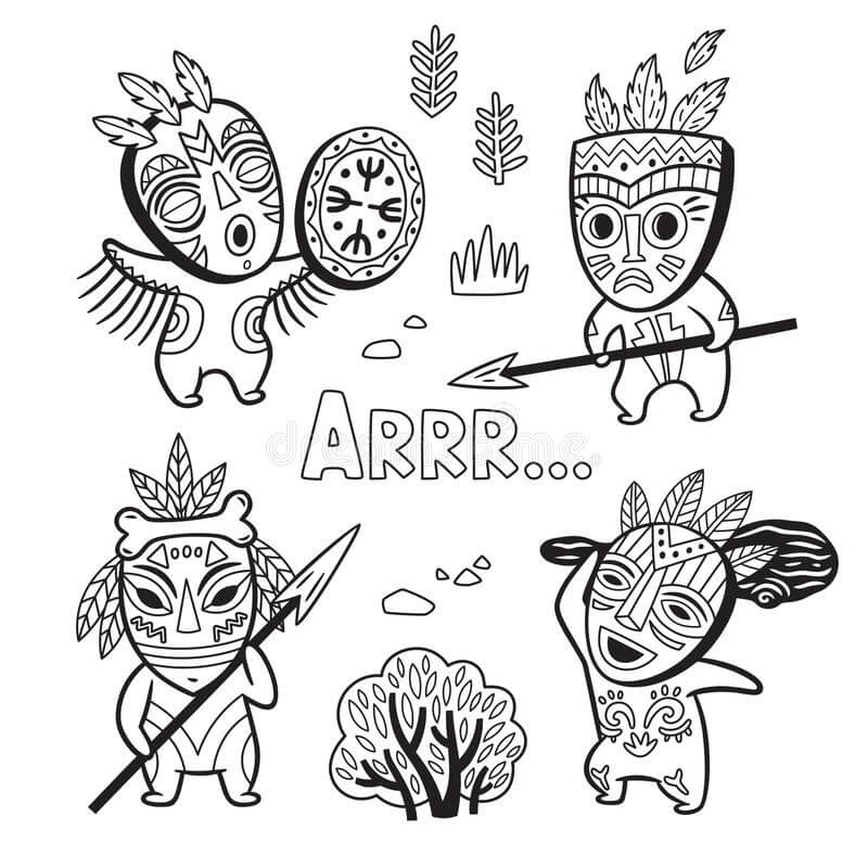 Dibujos de Conjunto de Personas de la tribu de la Edad de Piedra en Máscaras para colorear