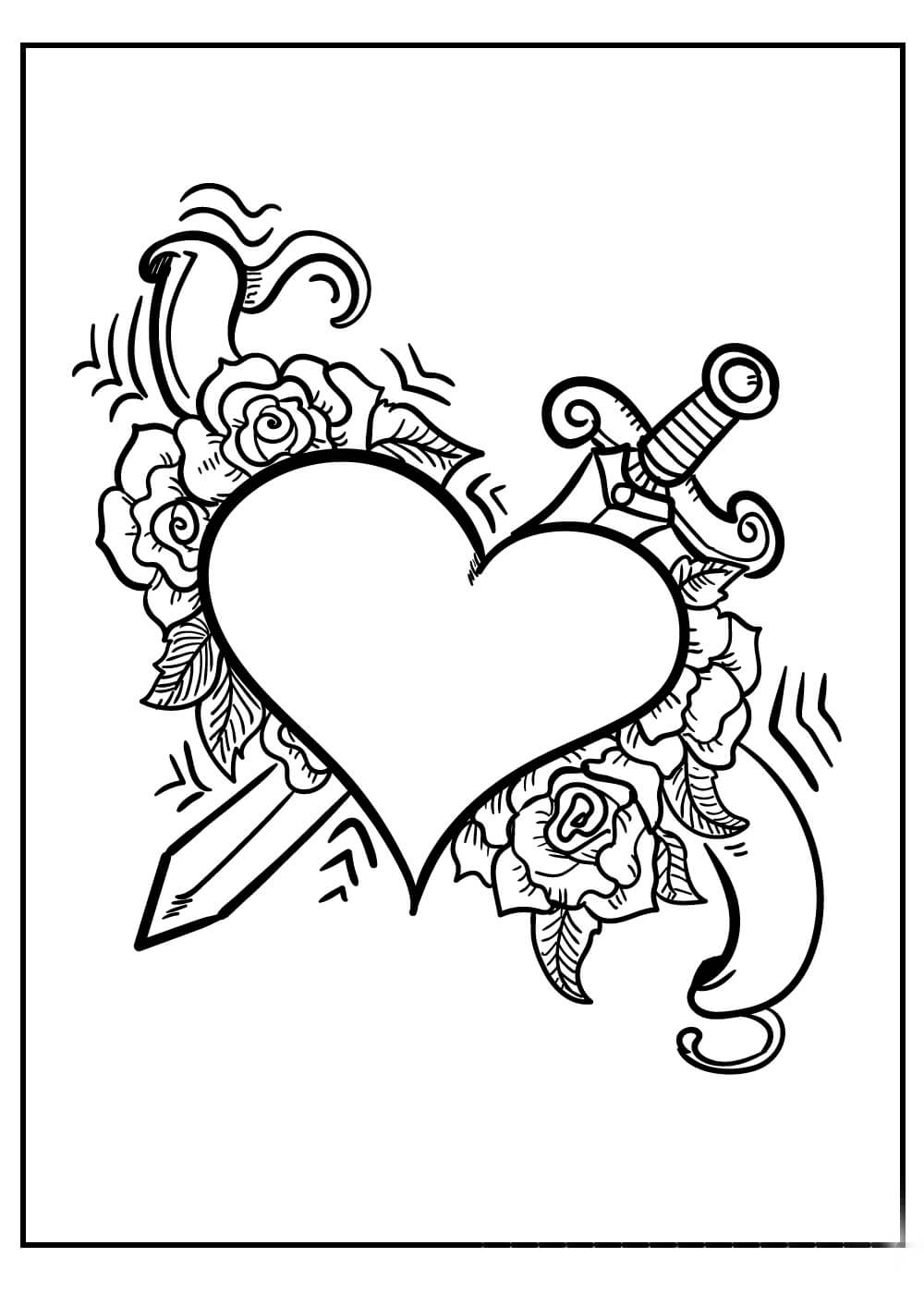 Dibujos de Corazón con Espada y Flor para colorear