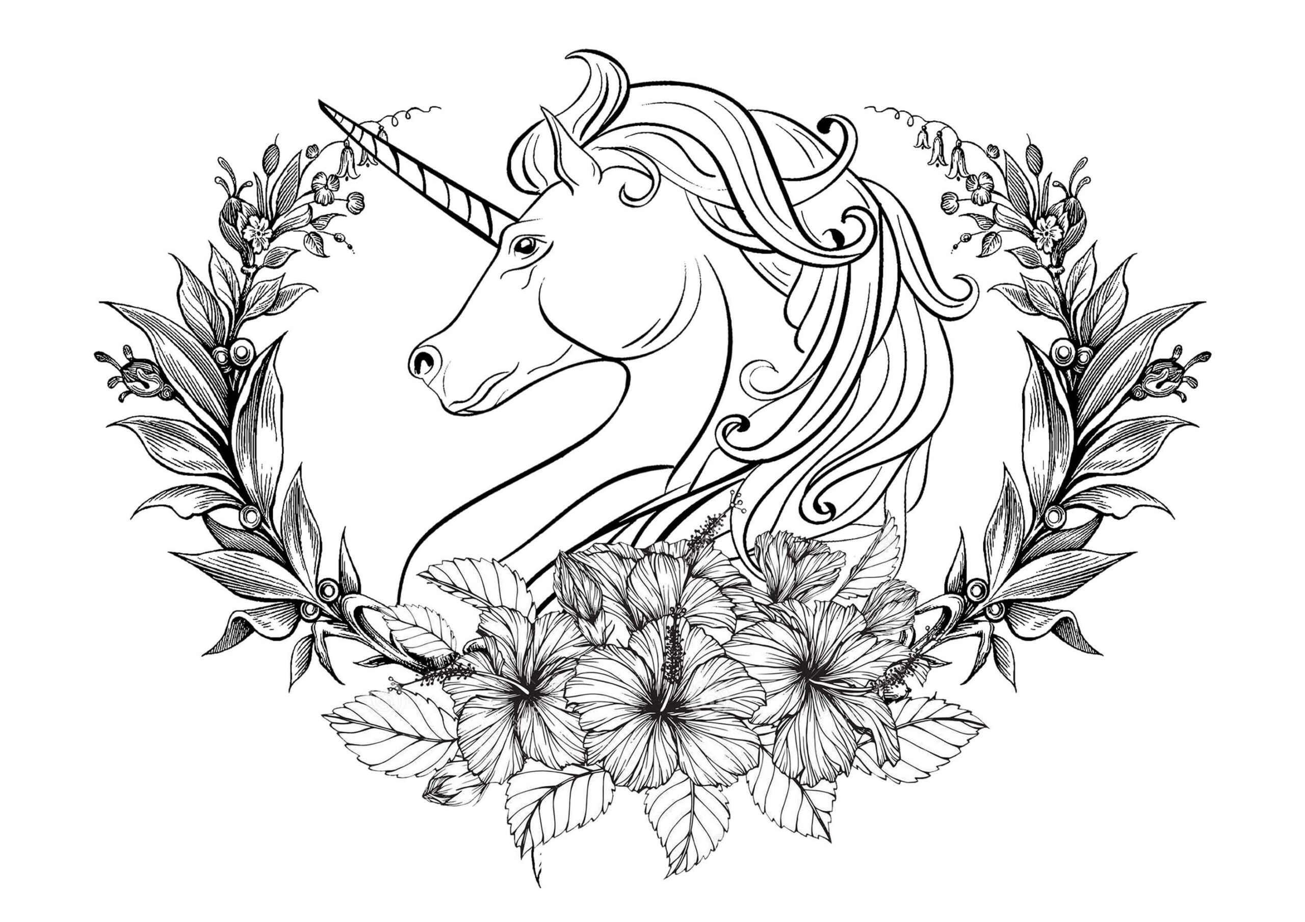 Dibujos de Corona de Unicornio y Laurel para colorear