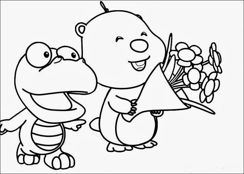Crong y Loopy sosteniendo un Ramo para colorir