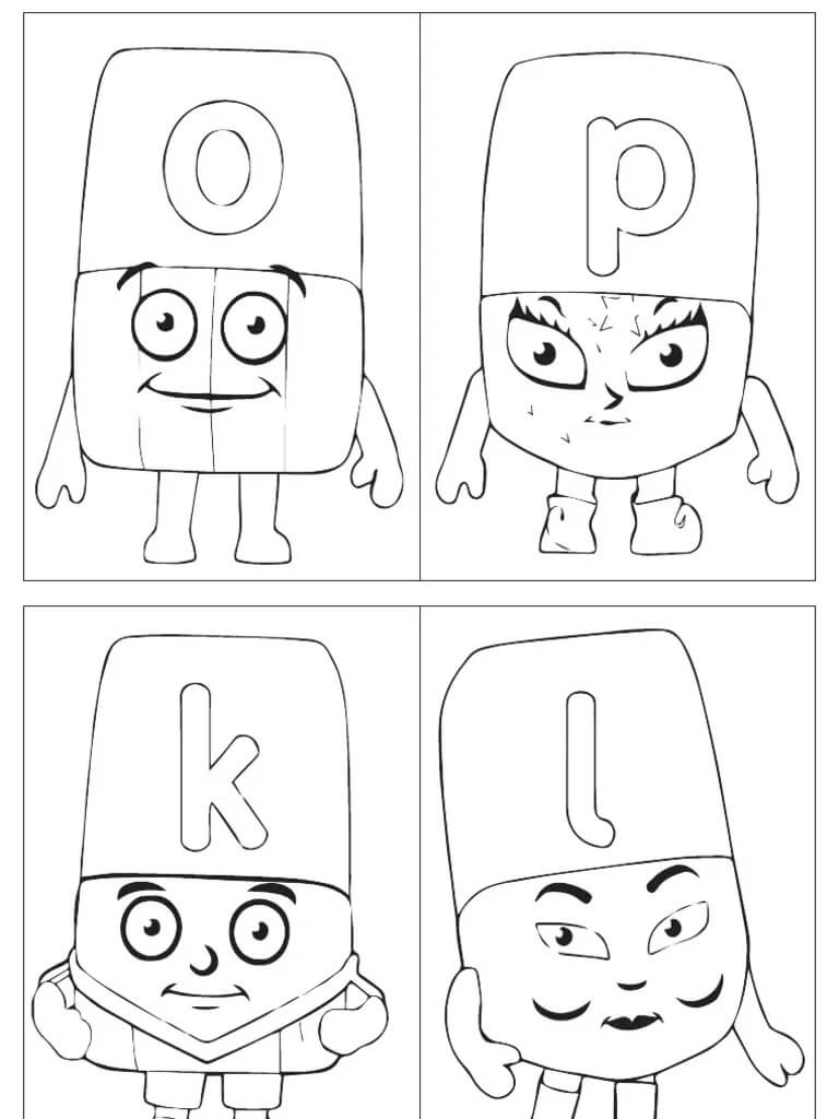 Dibujos de Cuatro Alphablocks O, P, K, L para colorear