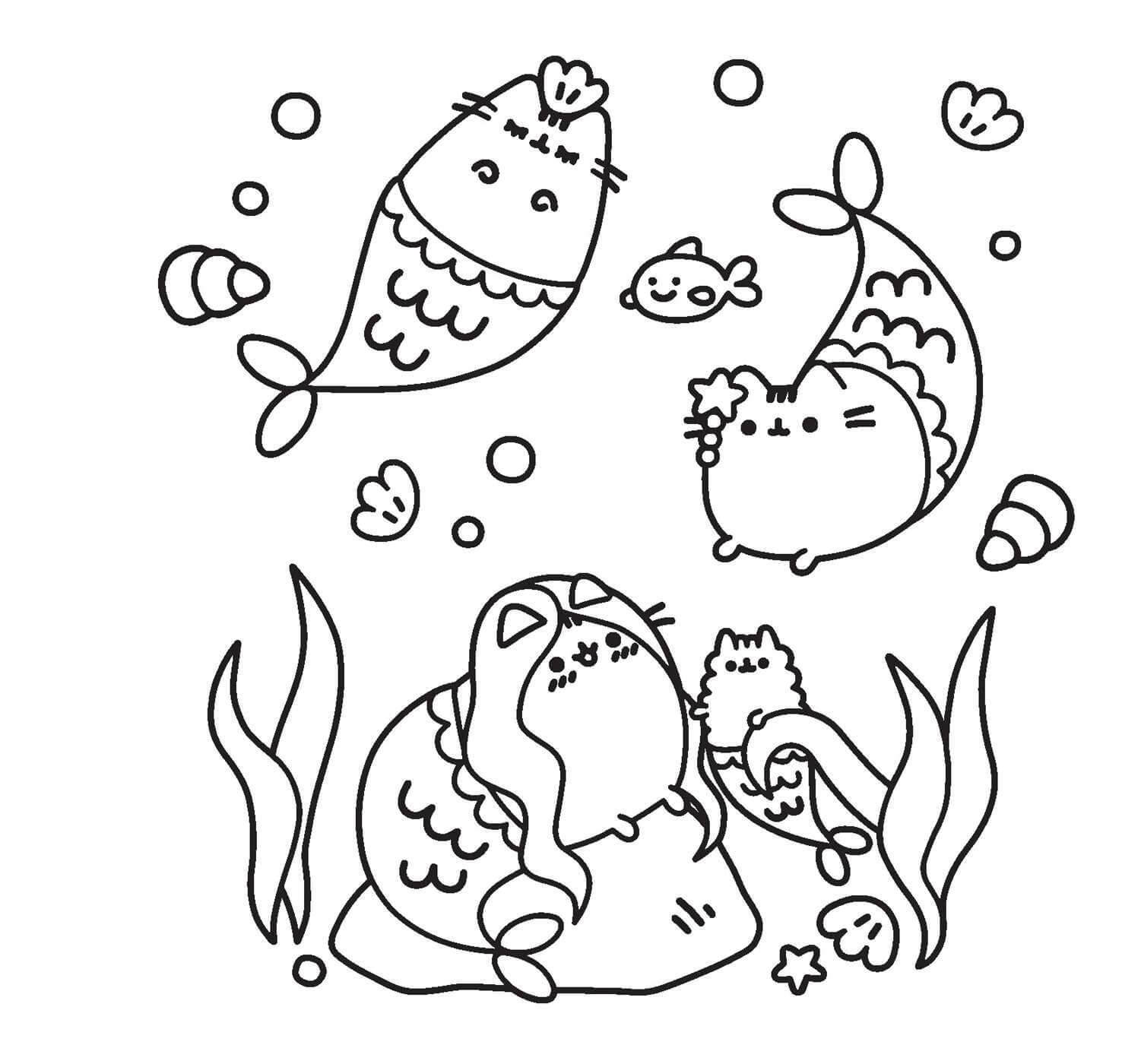 Cuatro Sirena Pusheen para colorir