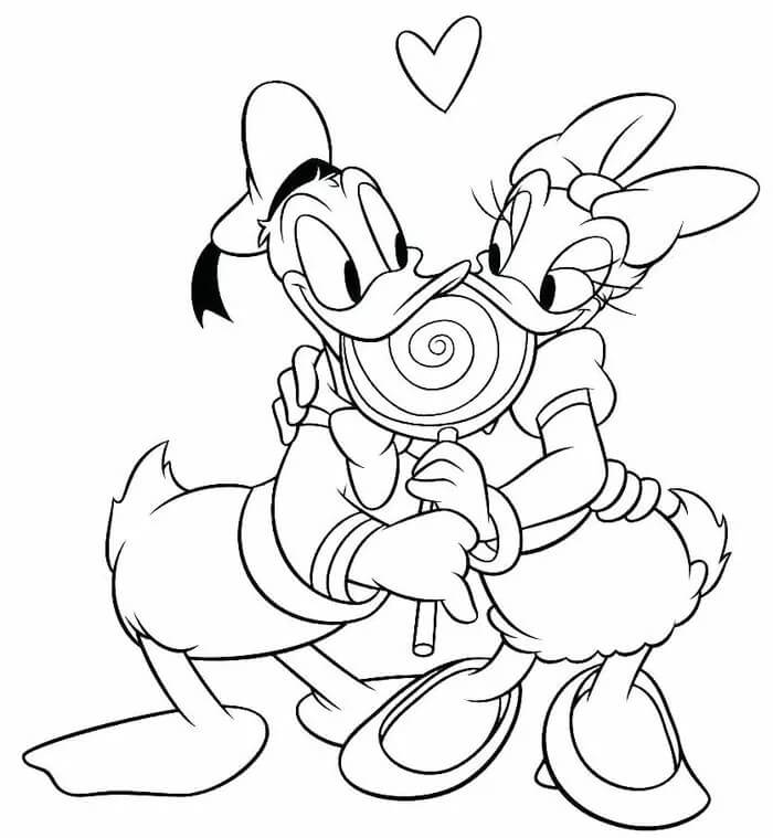 Dibujos de Daisy Duck y Donald Duck Comiendo Dulces para colorear