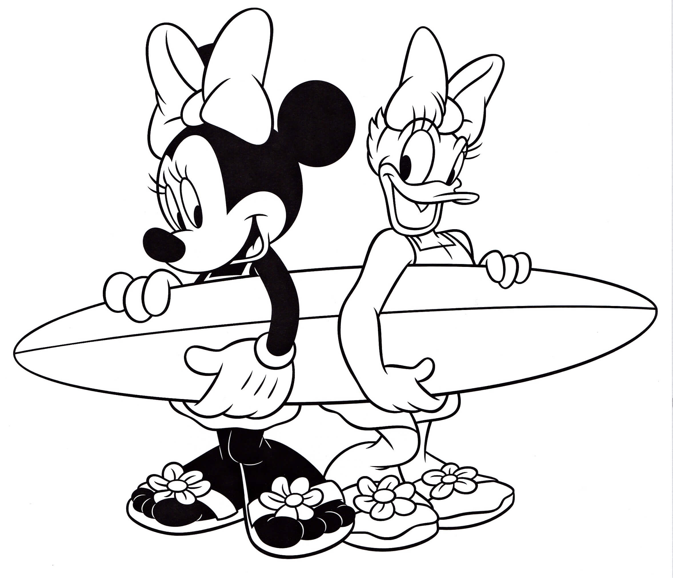 Dibujos de Daisy Duck y Minnie Mouse Surfean para colorear