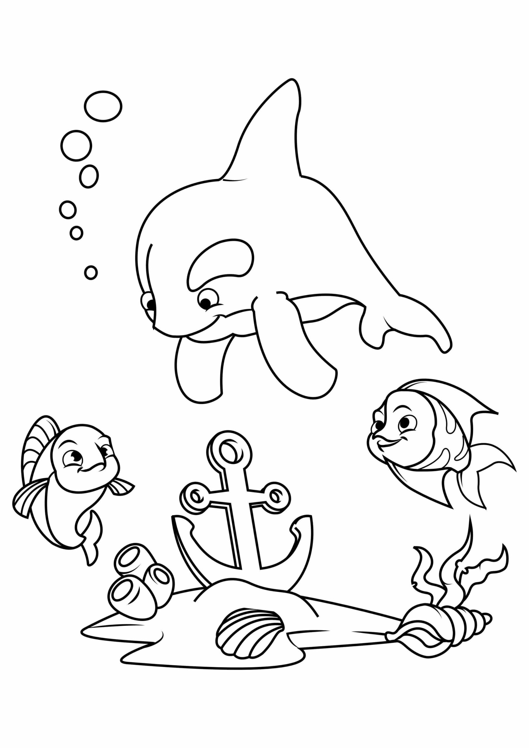 Dibujos de Delfín y dos Peces con Ancla para colorear