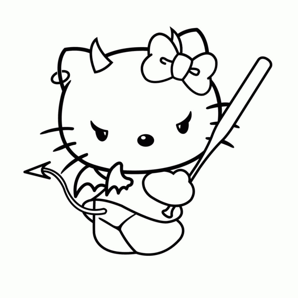 Diablo de Hello Kitty sosteniendo un Bate de Béisbol para colorir