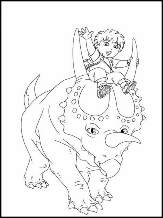 Diego Montando un Dinosaurio de tres Cuernos para colorir