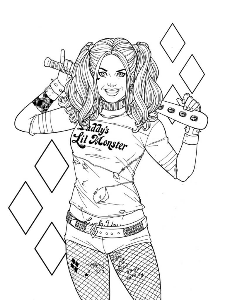 Dibujos de Divertida Harley Quinn con un bate de Béisbol para colorear