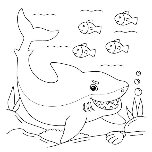 Divertido Tiburón con cuatro Peces para colorir