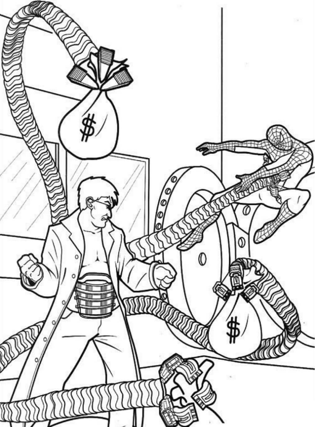 Dibujos de Doctor Pulpo Vs Hombre Araña En El Banco para colorear