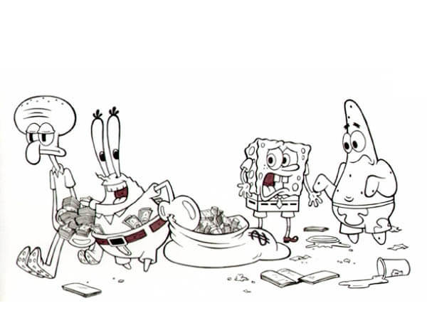 Dibujos de Don Cangrejo se va con Mucho Dinero en Krusty Krab para colorear